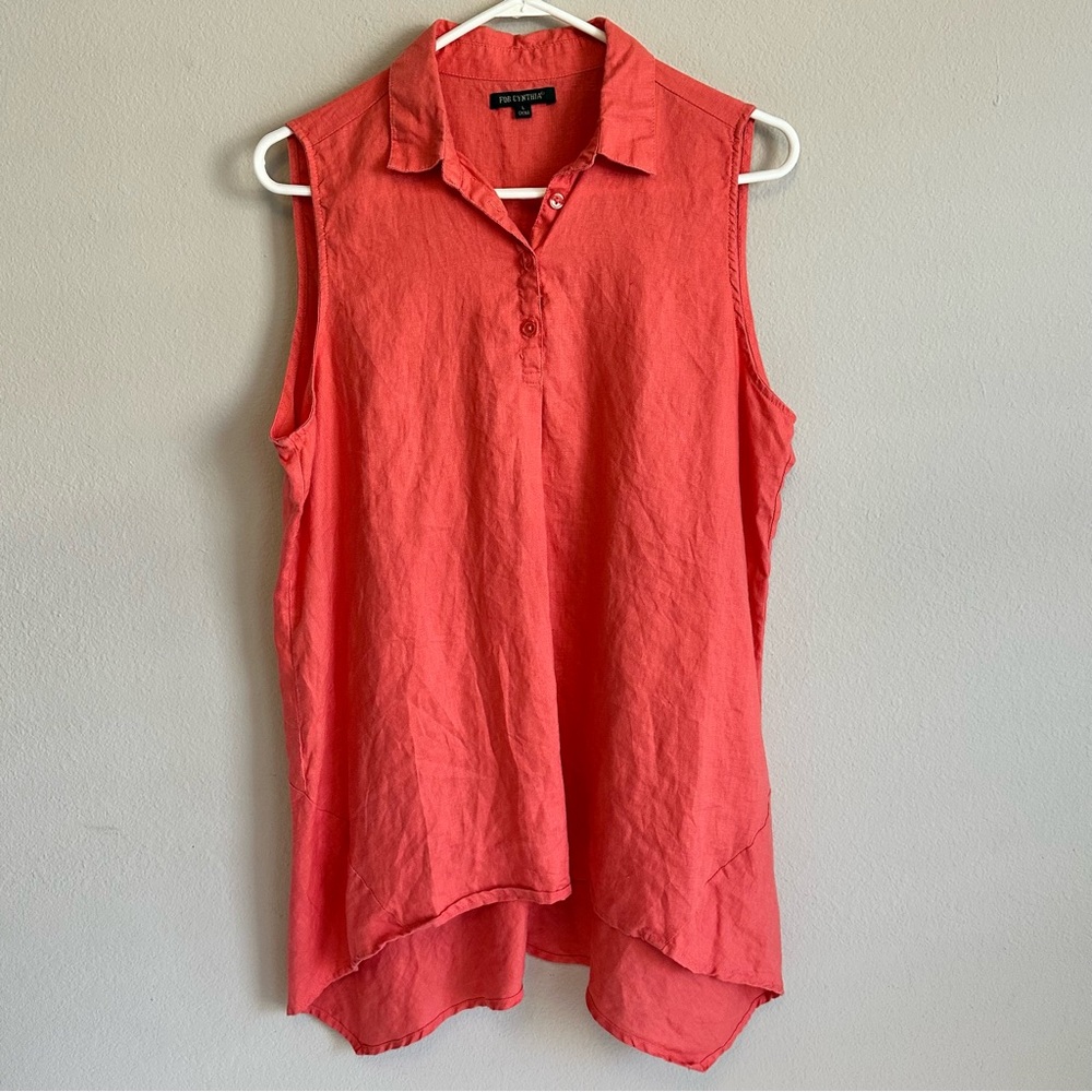 For Cynthia Sleeveless Linen High Low Coral Red‎ Tunic Large Lightweight